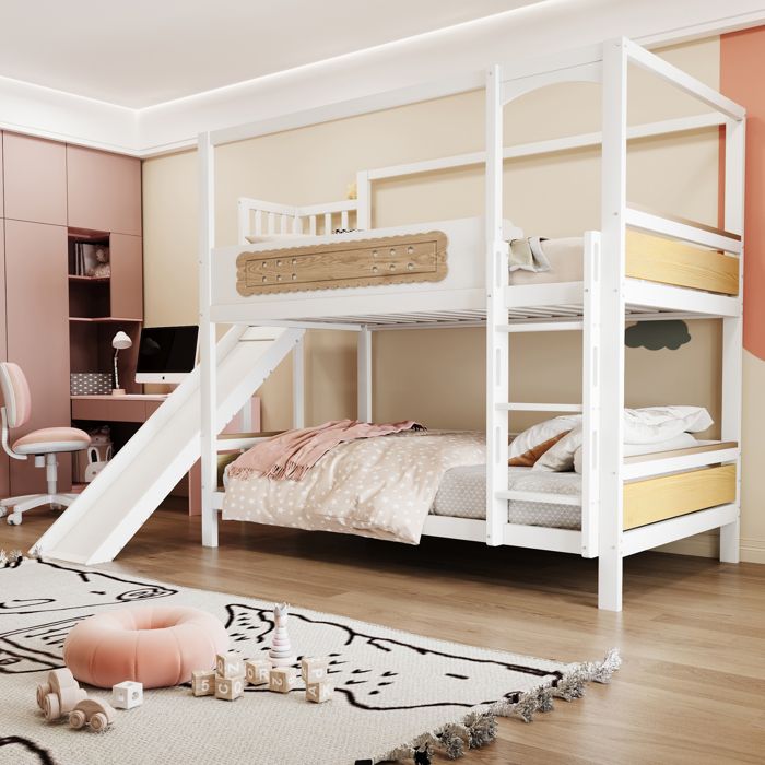 Lit superposé avec baldaquin 90x200cm lit mezzanine enfant avec Toboggan lit denfant avec sommier à lattes - Pin - blanc