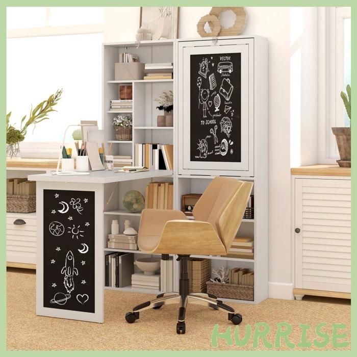 Cocosity Bureau Avec Rangement Pliable Murale Rabattable Bibliothèque Poste De Travail Tableau À Craie Et Étagère Réglable Avec