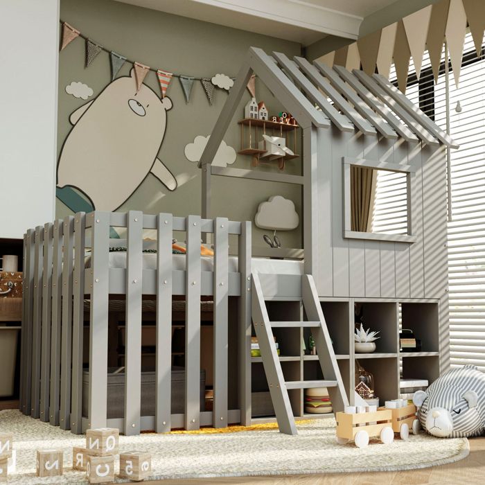 Lit enfant 90x200 cm Lit mi hauteur cabane avec échelle sécurisée toit incliné et fenêtres Structure bois massif Gris