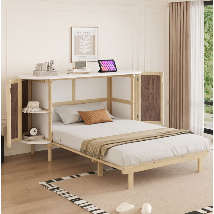 Lit escamotable vertical 140×200 avec sommier rangements latéraux et façades en rotin