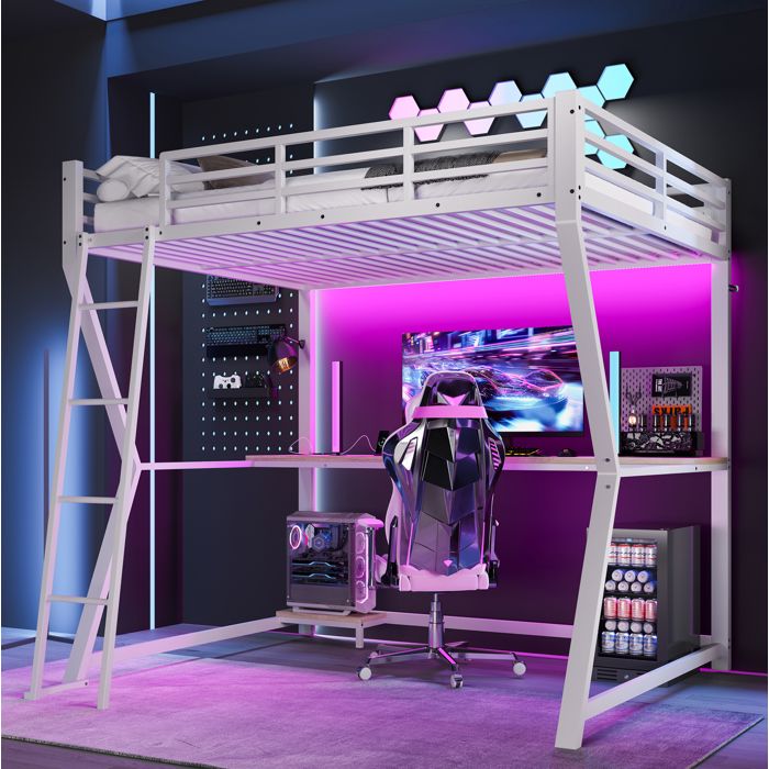 Lit mezzanine 140 x 200 cm blanc en métal avec bureau LED prises USB et escalier