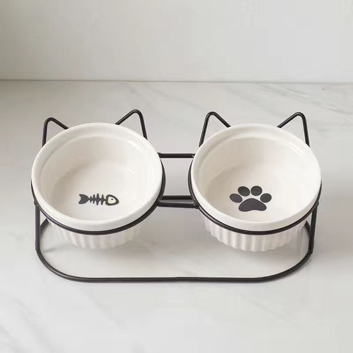 Double bol en céramique pour chat - Phoesky - Pied haut - Oblique - Protège vertèbre cervicale - 27.8x14.7x9.5 cm - 300g