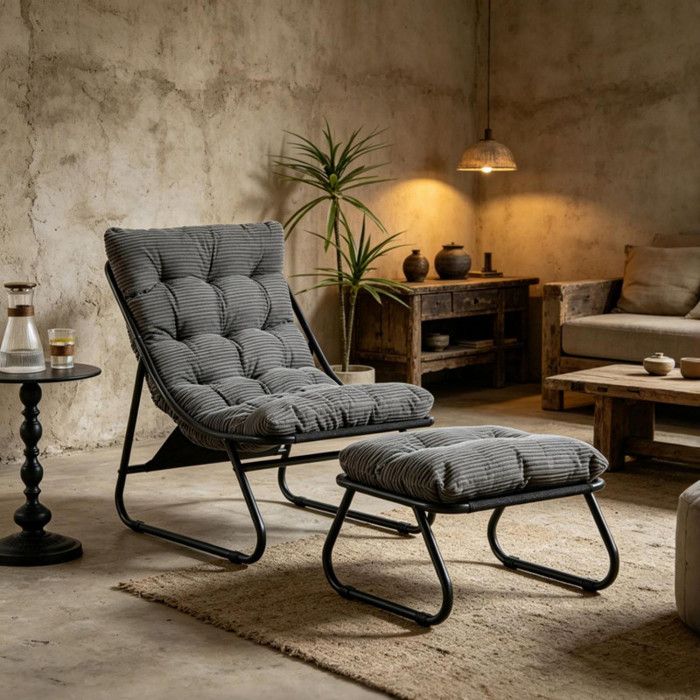 Modenuit Chaise longue 65×78×86 cm avec repose-pieds et coussins cadre en acier gris