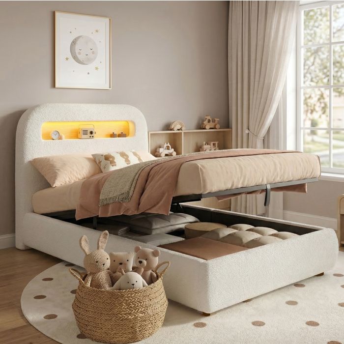 Lit simple enfant coffre hydraulique EVRYAE 90 x 200 cm sommier à lattes tête de lit LED bouclé blanc