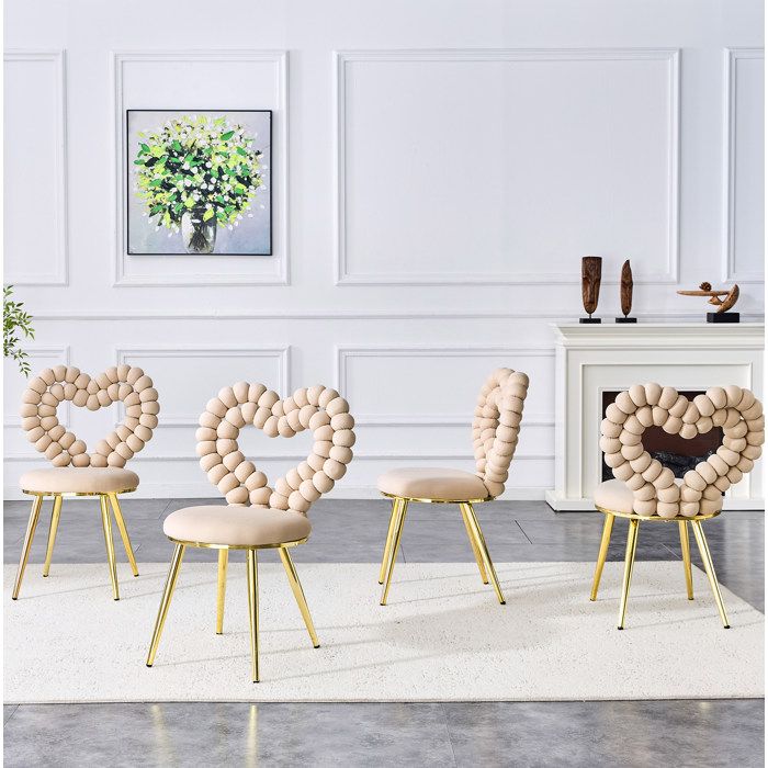 Chaise de salle à manger Lot de 2 en Velours avec Dossier Ajouré en Coeur - ELVMI - Structure en Métal Beige Clair
