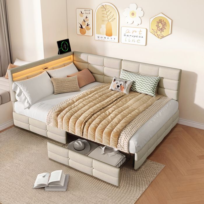 Lit Simple 140x190cm - Banquette avec 2 tiroirs - Éclairage LED & port USB - Lit banquette L en lin - Sommier à lattes Sans matratze