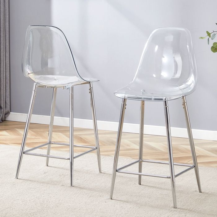 Ensemble de 2 tabourets de bar transparents 51x45x102 cm Argent Plastique design moderne rangement pratique