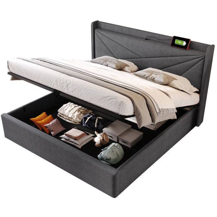 Lit rembourré 160x200 avec rangement tête de lit avec port USB-C cadre en lin sommier à lattes sans matelas