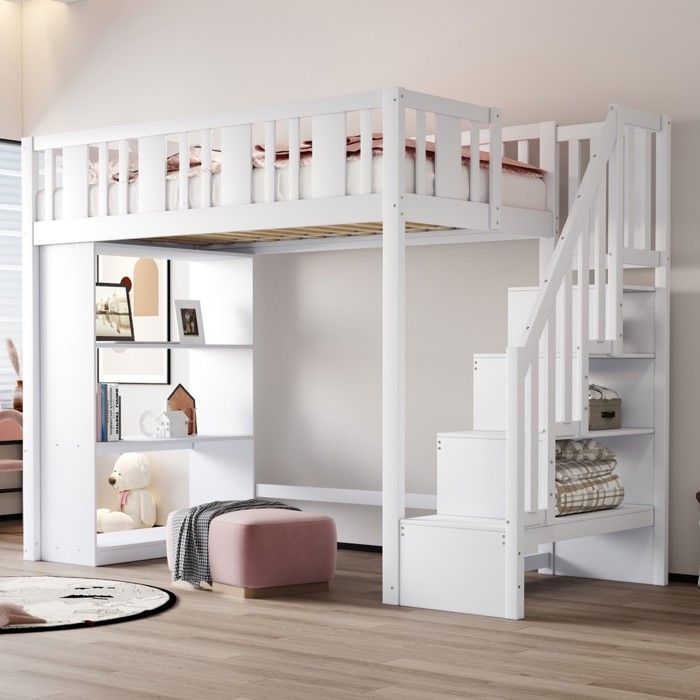 Lit superposé - PAGE Living - 90x200 - Escalier sécurité - 3 coffres rangement