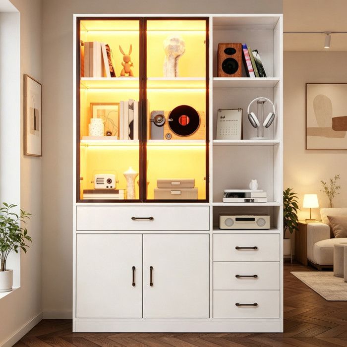Armoire haute avec vitrine en verre et LED 120x35x200cm bibliothèque blanche avec 13 zones de rangement 4 tiroirs et portes vitrines