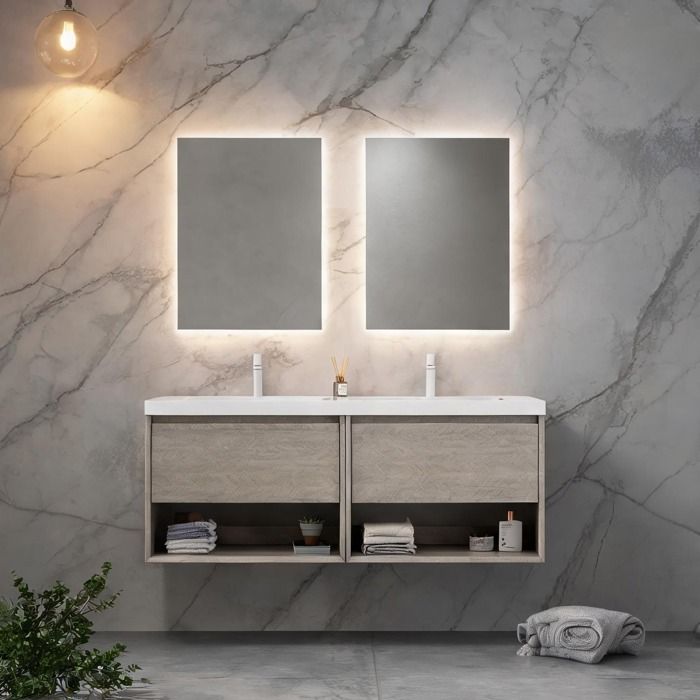 Meuble vasque suspendu double vasque 140 cm chêne clair et blanc doux façade bois massif 2 tiroirs et 2 niches ouvertes