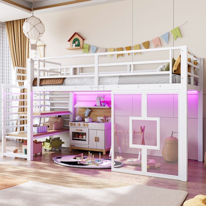 COVREO Lit mezzanine 90x200 cm en métal avec escalier 2 rangements LED et fenêtre décorative blanc
