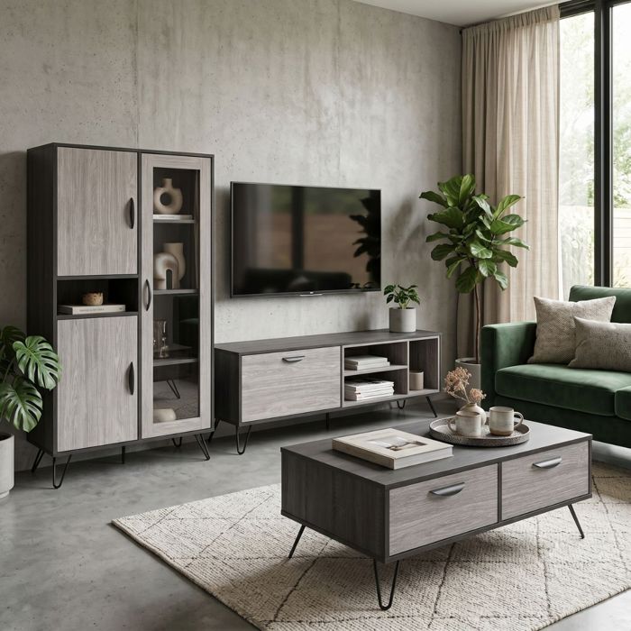 Ensemble meuble TV 150cm + table Basse + argentier bois grisé et noir - BROOKLYN