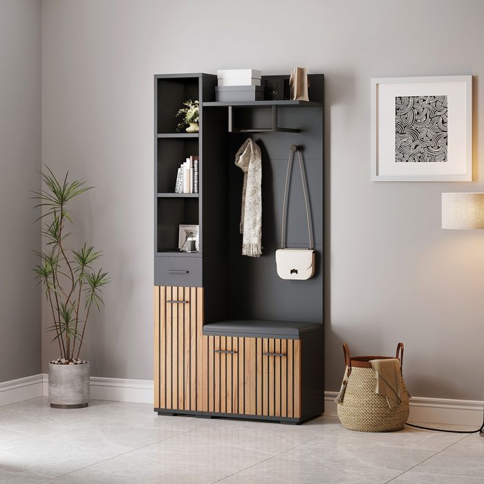 ROVRYN Meuble d’entrée 80 x 35 x 175 cm vestiaire avec banc 2 placards 1 tiroir 5 niches noir et bois naturel