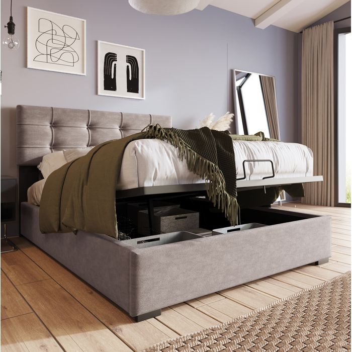 MEUBLIV Lit coffre 90x200 cm avec matelas tête de lit réglable velours gris clair 7 zones