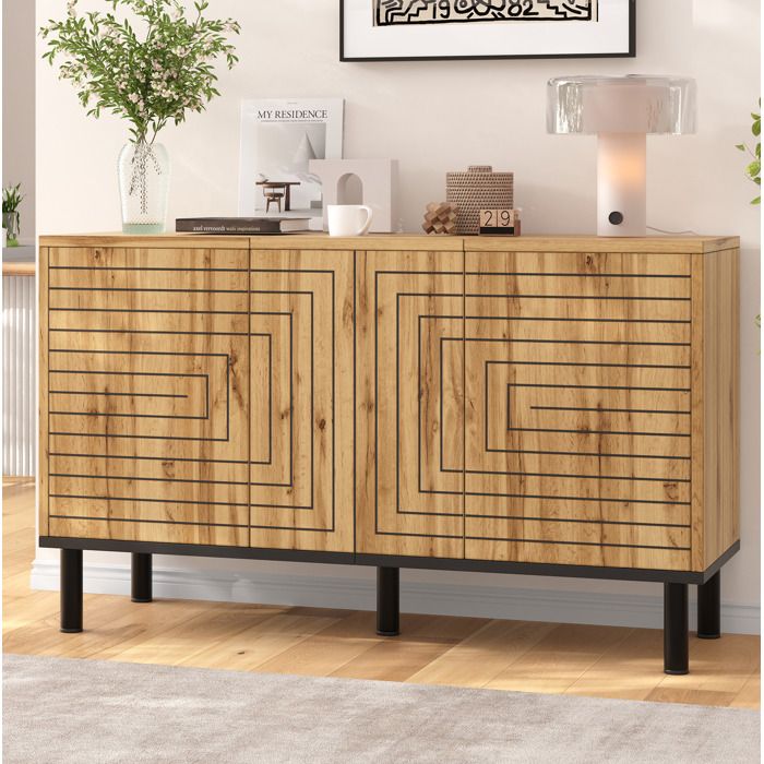 MEUBLIV Buffet bas 3 portes motif vague bois naturel MDF et panneaux de particules 120 x 35 x 68 cm