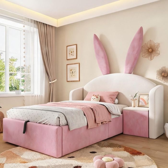 Lit enfant 90x190 cm avec tête oreilles de lapin velours beige et rose coffre de rangement et table de nuit intégrée