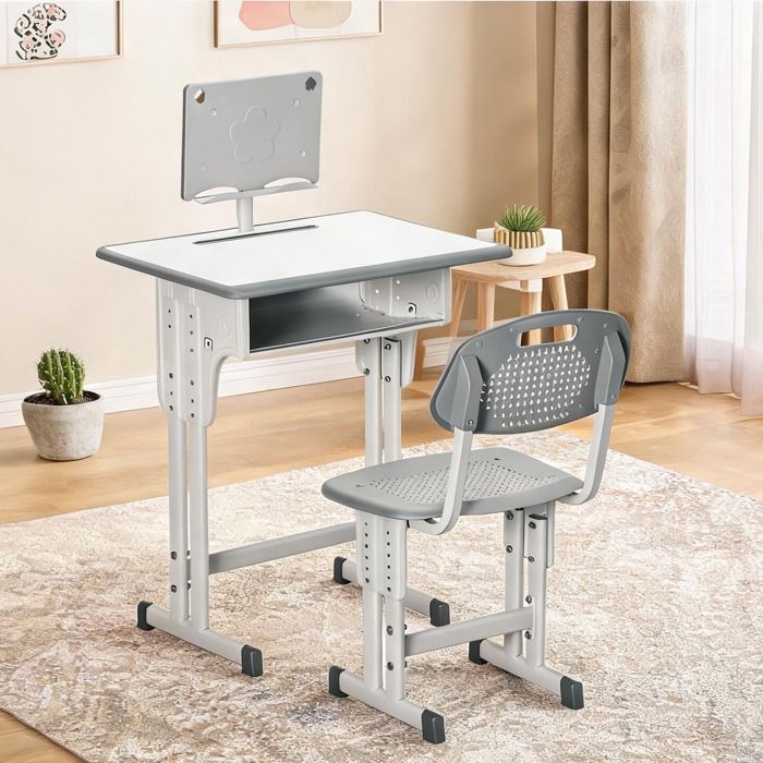 Ensemble bureau et chaise réglable en hauteur avec casier et porte-livres gris et blanc PP et acier 60 x 45 cm