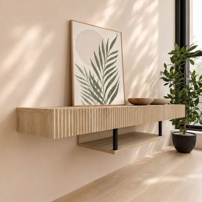 Meuble TV - DESIGN AMEUBLEMENT - Renzo - Suspendu cannelé 150 cm - Chêne Eos - 1 tiroir + niche multimédia Meuble TV - DESIGN AMEUBLEMENT - Renzo - Suspendu cannelé 150 cm - Chêne Eos - 1 tiroir + niche multimédia