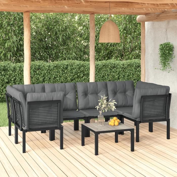 Noir Salon de jardin 7 pcs noir et gris résine tressée - Meuble de balcon LV52366