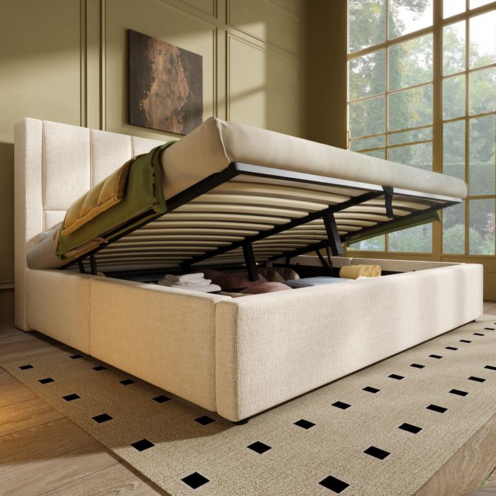 Lit coffre - ZEVKOR - 160x200 - Lin beige - Coffre hydraulique - USB Type-C et porte-gobelets