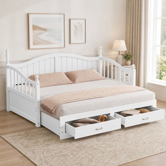 Lit gigogne extensible 90x190 cm en bois blanc avec 2 tiroirs sommier à lattes et structure style classique JOINERY