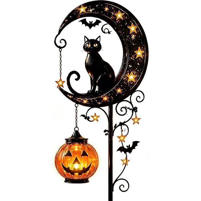Décoration Solaire Halloween de Jardin Piquet Lumineux LED avec Chat Noir Citrouille et Lune Lampe Extérieure Étanche en Métal