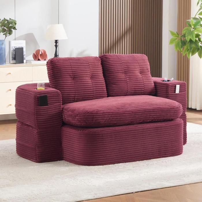 Fauteuil-lit - KOMHTOM - 2 en 1 - Velours côtelé - Dossier haut - Porte-gobelets Fauteuil-lit - KOMHTOM - 2 en 1 - Velours côtelé - Dossier haut - Porte-gobelets