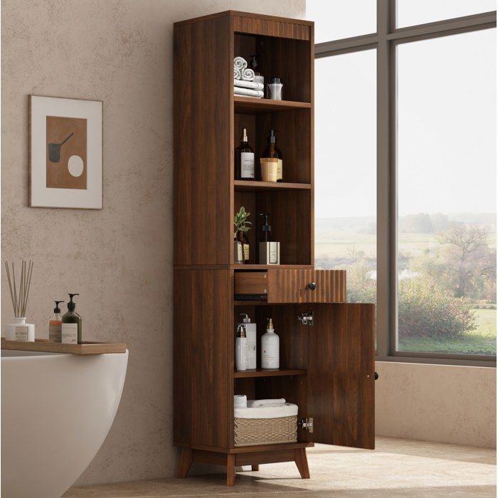 Colonne de Salle de Bain 1 Porte 1 Tiroir Étagères Ouvertes Porte Réversible - HAVRYA - MDF Noyer 40×36×172 cm