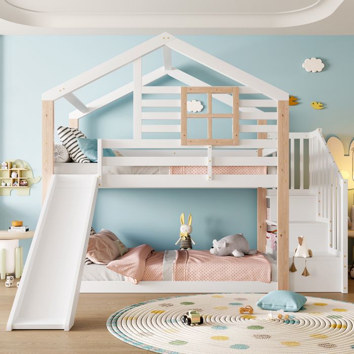 Lit superposé enfant 90x200 lit cabane avec toboggan bois massif scandinave escalier rangement sécurisé EN 747