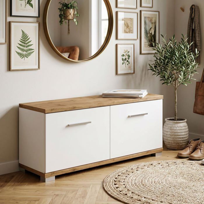 Banc Rangement à Chaussures VIELLA Banc dentrée 2 Ptes en mélaminé Couleur chêne wotan et Blanc MEUBLE A CHAUSSURES