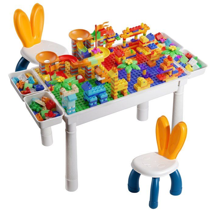 Table de Jeux Enfant Multifonction avec 2 Chaises et 515 Briques - Table Activité Dessin Repas Sable et Eau - Hauteur Réglable
