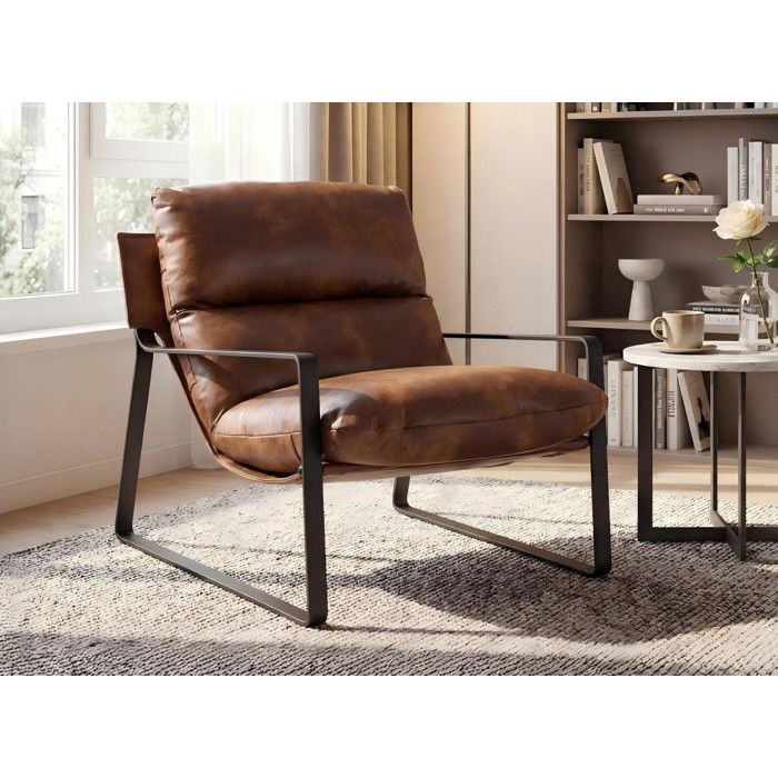 Wahson Fauteuil de Salon Confortable Chaise Relax Fauteuil Lounge de Structure Métal Chaise Loisirs pour Chambre Cuir PU Marron