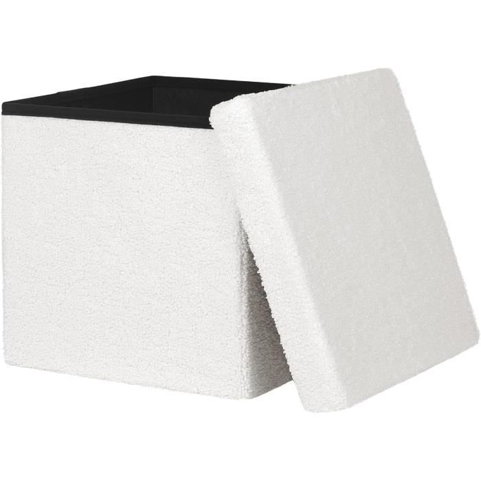tabouret pouf pliable en tissu polaire, pouf coffre de rangement, avec couvercle amovible 38x38x37cm, blanc e0eg0006
