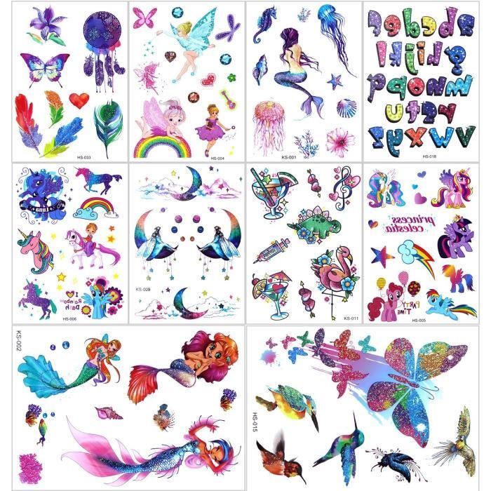 Fée Tatouage Paillette Enfant, 12 Feuilles Tatouage Ephemere Enfant Fille, Cadeaux Fée pour Garçons, Tatouages Decoration Anniversaire, Etanche Tatouages Paillettes Enfants