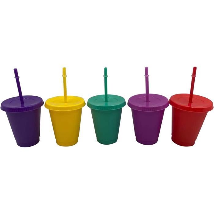 Lot de 6 gobelets en plastique coloré, avec couvercle et paille