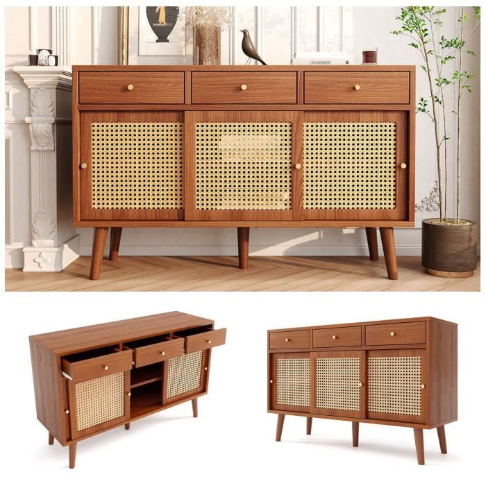 Buffet - Commode - 3 tiroirs - 3 portes coulissantes - Rotin en osier