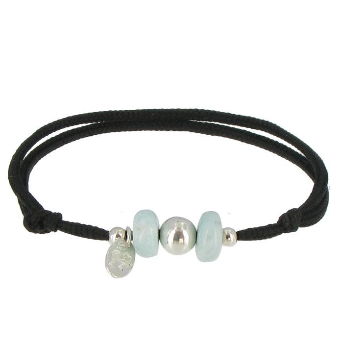 LES POULETTES BIJOUX - Bracelet Lien Noir 2 Anneaux de Larimar et Perle dArgent 925