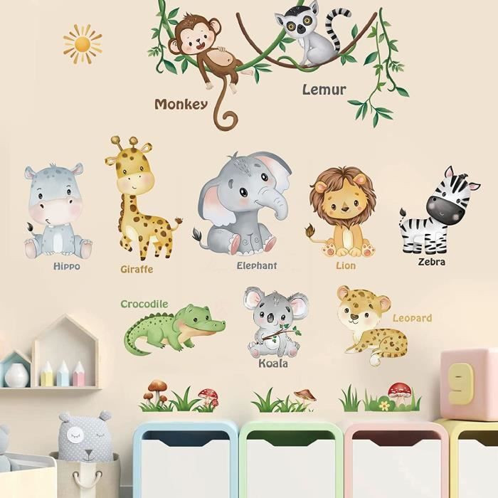 Stickers Muraux Enfants Jungle - Autocollant Arbre Animaux (Tigre Éléphant Girafe) Pour Chambre Bébé Salle De Jeux