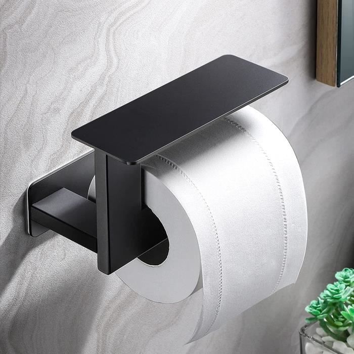 Porte Papier Toilette Sans Percage Avec Étagère | Support Mural Avec 2 Crochets | Pour Salle De Bain, WC, Cuisine | Noir - 6