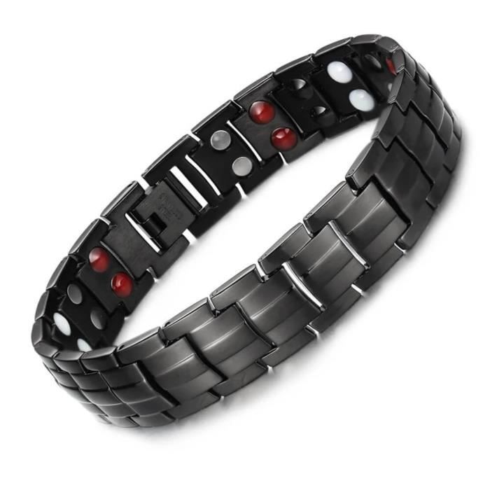 Bracelet - Acier - Homme - Noir - 22cm - Aimants thérapeutiques