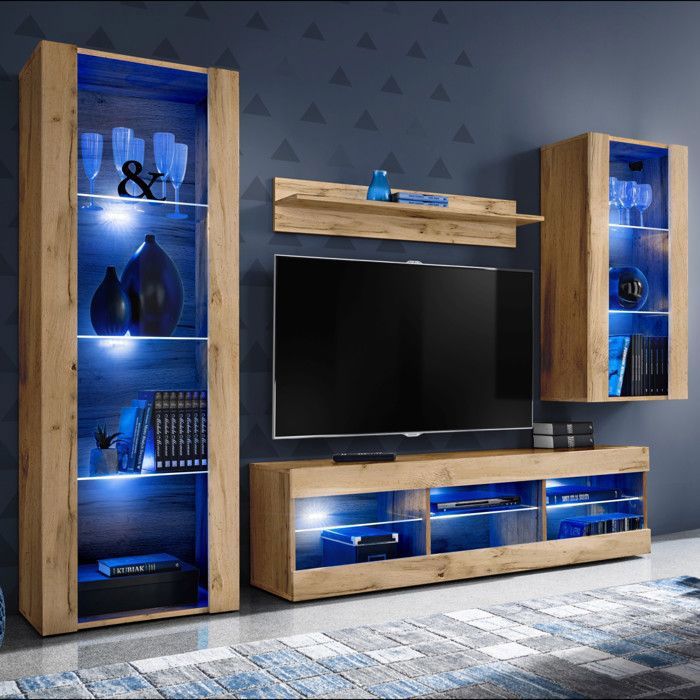 Meuble TV Tivoli Set Medio Komodee - LED bleues - Bois naturel Mat ET Bois naturel - 195x159x35 cm Meuble TV Tivoli Set Medio Komodee - LED bleues - Bois naturel Mat ET Bois naturel - 195x159x35 cm