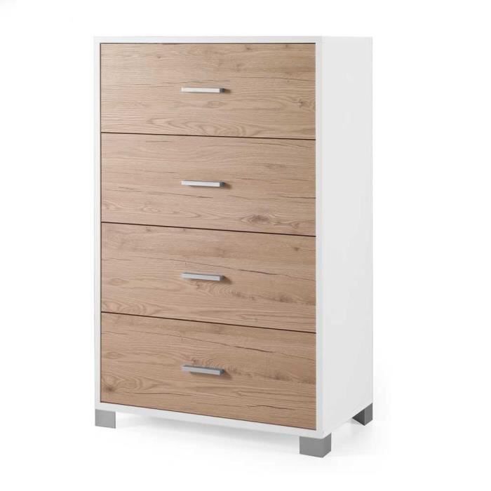 Commode - LUCILLA - 4 Tiroirs - Mélaminé Frêne Blanc - Dimensions 70x41x122 cm