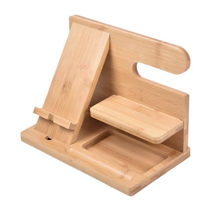Station D'Accueil Téléphone En Bois Massif - Organiseur Bureau Avec Porte Clés, Portefeuille - Cadeau Pour Homme