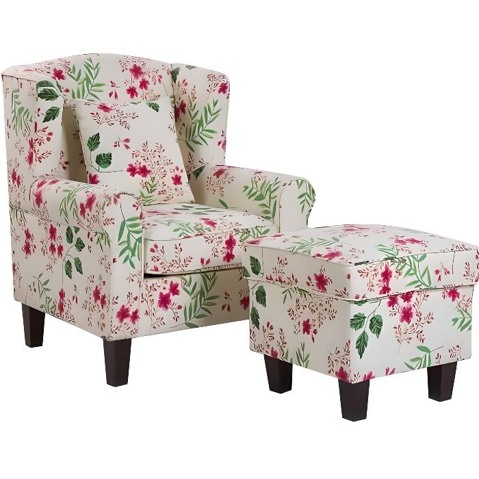 Fauteuil en tissu beige crème à motif floral avec repose-pieds HAMAR Fauteuil en tissu beige crème à motif floral avec repose-pieds HAMAR