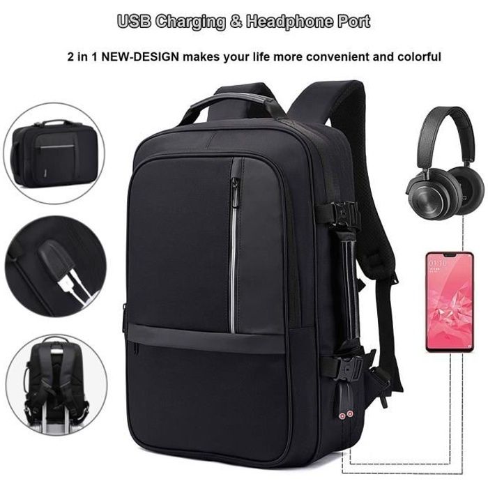 17.3 Pouces Sac à Dos Ordinateur Portable, Extensible TSA Étanche Sac à Dos  d'affaires avec Chargeur USB et Port de Casque (Noir) - Cdiscount Bagagerie  - Maroquinerie