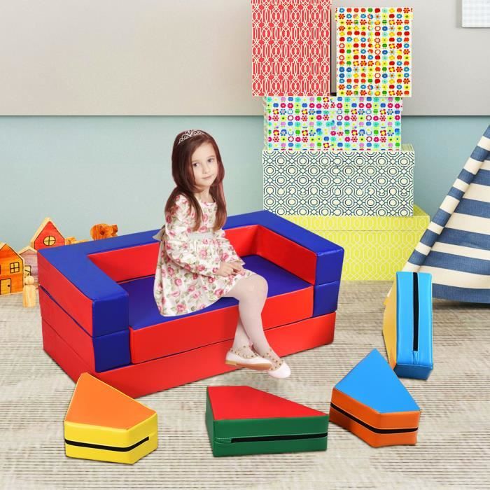 COSTWAY Canapépour Enfant Convertible Jeu 4 en 1 Canapé Puzzle Composé de Matelas Coloris Rouge+Bleu en EPE et PU Imperméable 