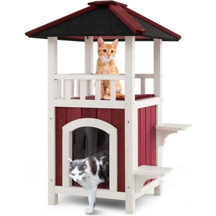 Meilleurs prix pour Costway Niche En Bois - Toit En Asphalte, Balcon - Maison Pour Chat - Rideau De Pluie, Plates-Formes De Saut - Intérieur Extérieur