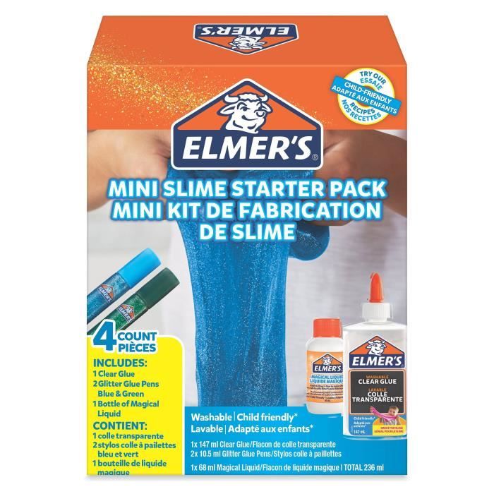 ELMER'S Mini Kit fabrication Slime, 1 flacon colle transparente, 2 stylos colle bleu et vert pailletés, 1 flacon de liquide magique