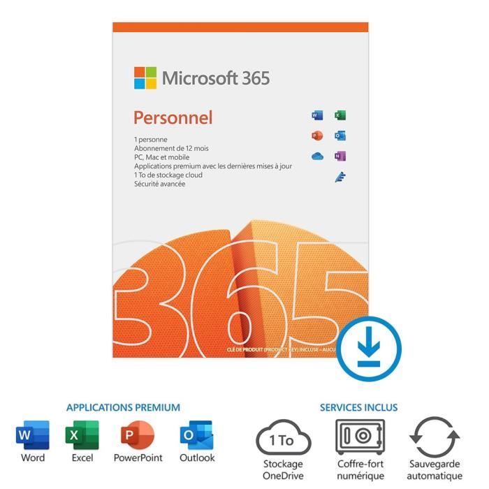 Microsoft 365 Personnel à télécharger - 1 utilisateur - PC ou Mac -  Abonnement 1 an à télécharger - Cdiscount